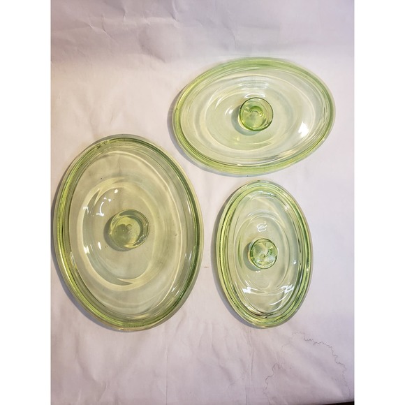 Uranium Glass Ribbed Covered Nesting Refrigerator Dishes Set of 3 - Picture 4 of 9